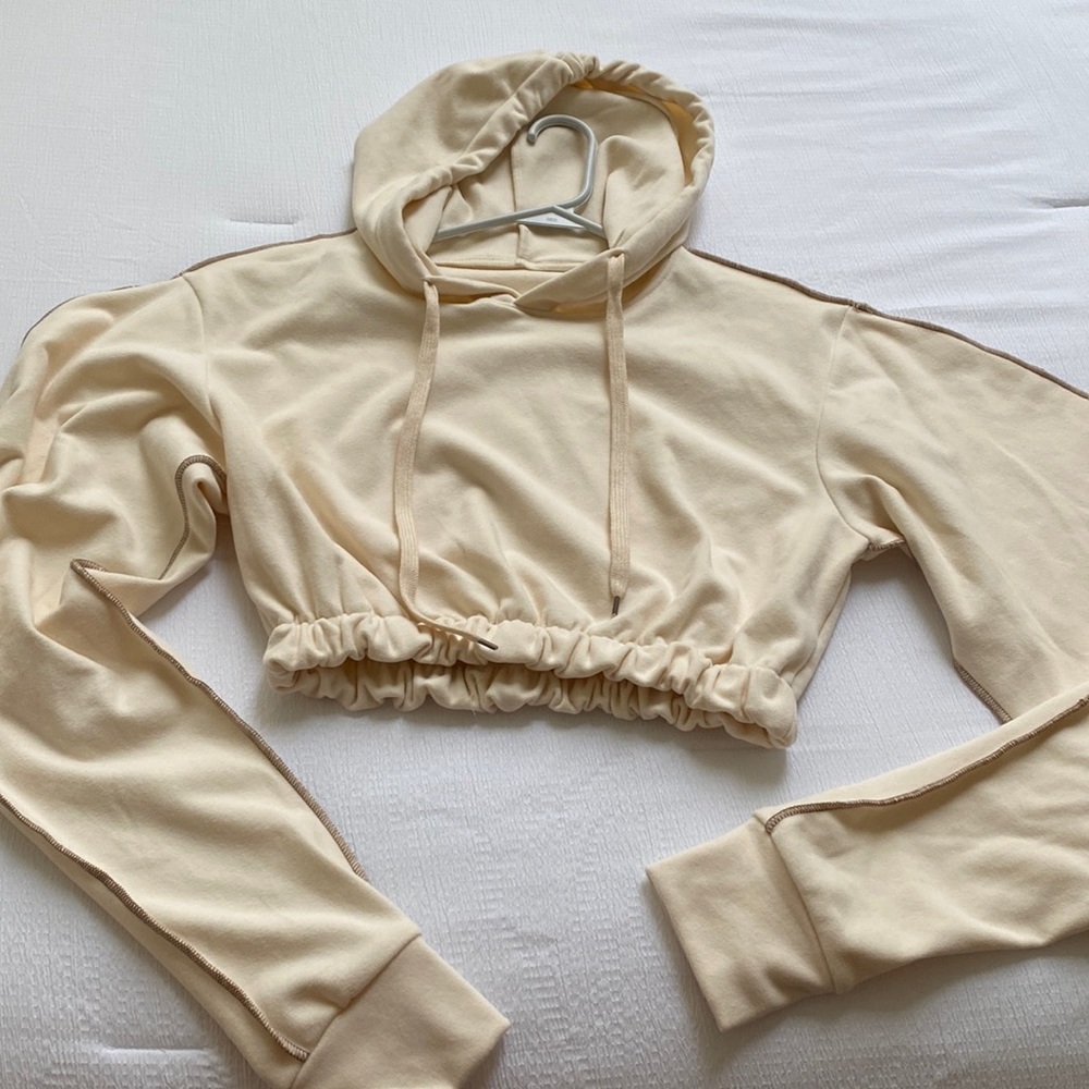 Color Hoodie, Casual Style Long Sleeve Crop Top with Drawstring